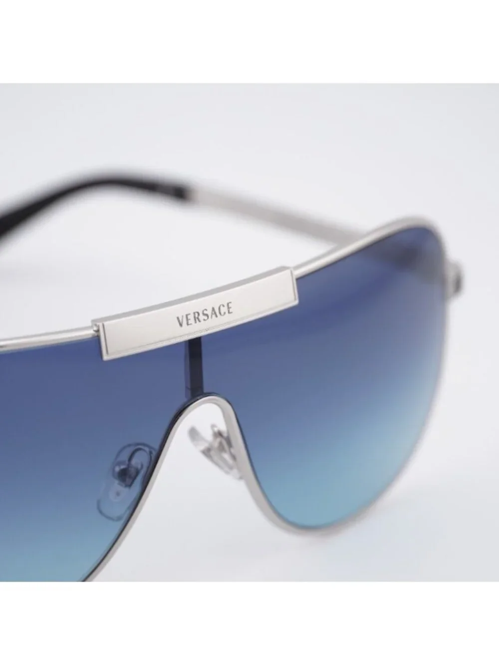 Versace VE2293 100019 Shield Sunglasses - Silver Shield Frame, Blue Lenses